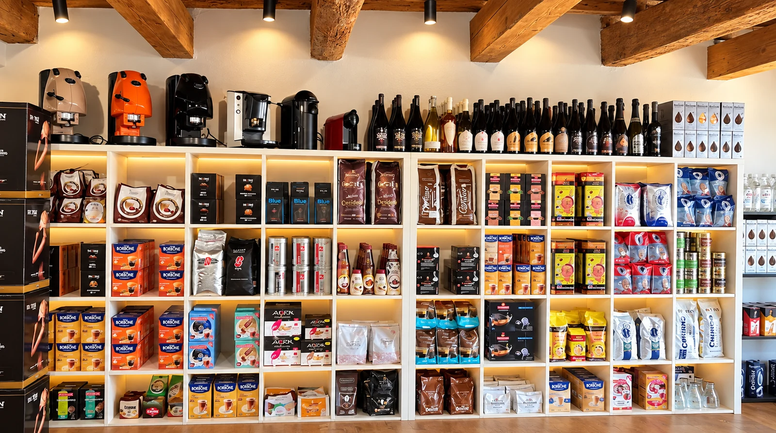 Parete espositiva di caffè e macchine da espresso